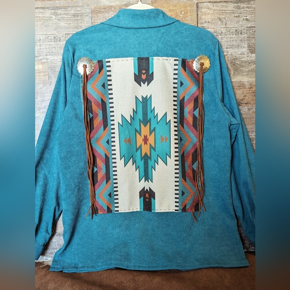 NWT Original Design Aztec Turquoise Cordoroy Shacket With Conchos - Picture 2 of 16